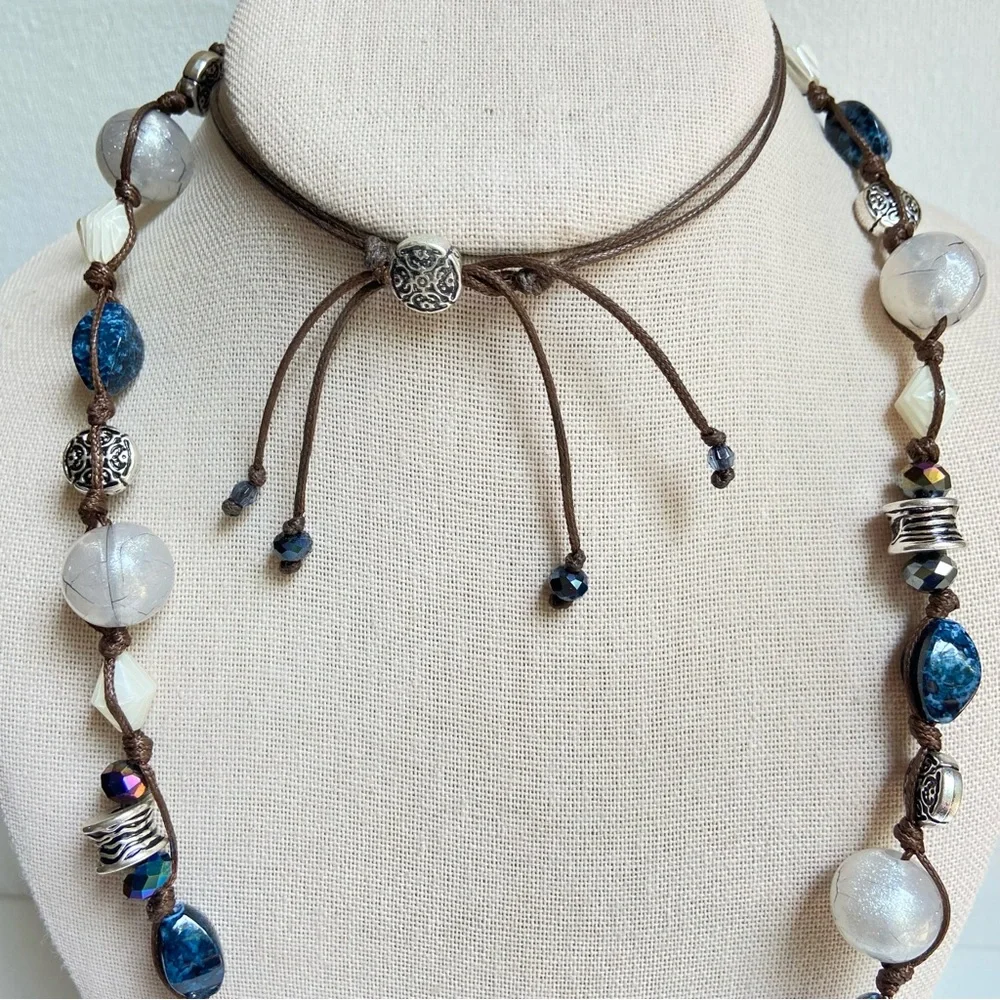 Premier Designs Chambray necklace blue white silvertone beads on cord with bolo